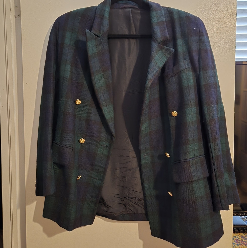 Vintage Plaid Wool Blazer with Gold Buttons